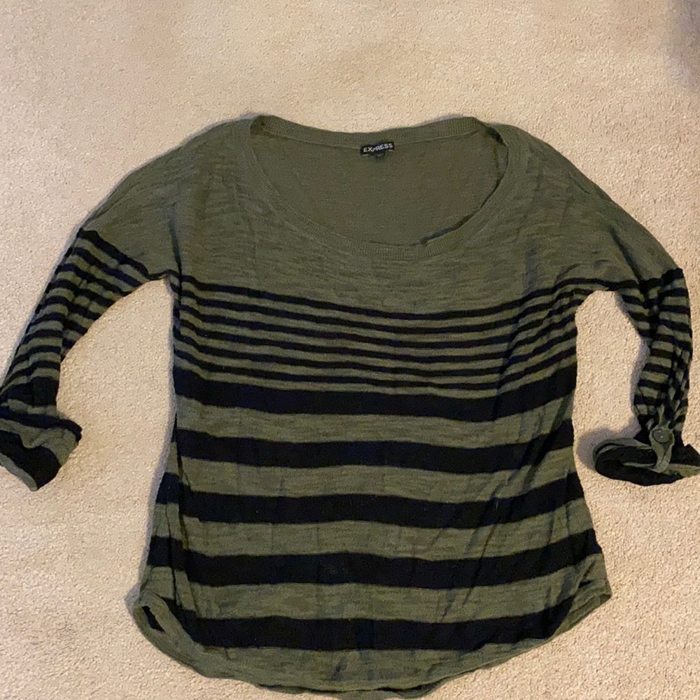 Express striped sweater w/ button rolled sleeve.